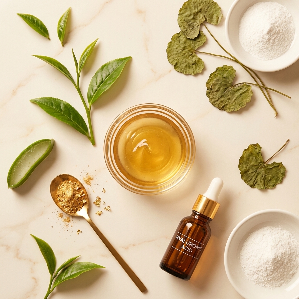 FLORARY premium ingredients — collagen, gold, green tea, hyaluronic acid